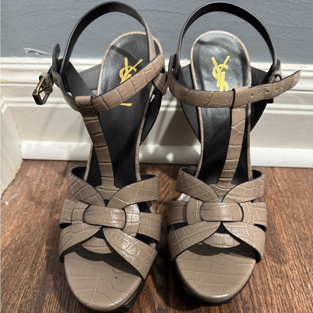 Saint Laurent Women's Croc-Embossed Tan Heels